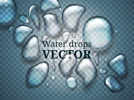 Realistic drops of water, liquid on blue transparent background with transparency effect. Drops can be applied on any color background or objectのイラスト素材