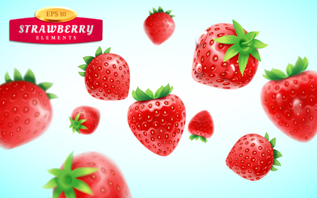 Strawberry set, detailed realistic ripe fresh strawberries with green leaves with water droplets isolated on a blue background. 3d illustrationのイラスト素材