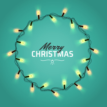 Glowing Christmas realistic Lights Wreath for Xmas Holiday Greeting Cards Design. Isolated on red background. Merry Christmas Lettering label. Glowing lights Garlands Xmas Holiday greeting card designのイラスト素材
