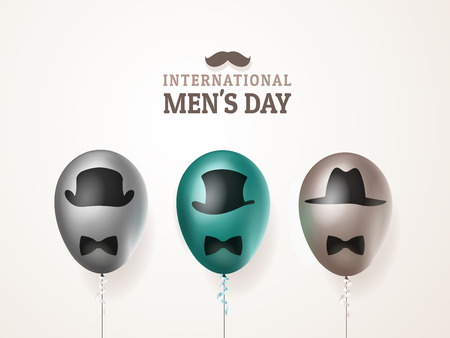 International mens day or Fathers Day vector greeting card. Realistic balloons black, green, brown with mustache and hats on light background. For your design, layout. 3d illustrationsのイラスト素材