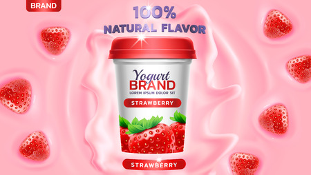 Strawberry flavor yogurt ad, with yogurt splashing and waves and floating strawberry elements, 3d illustrationのイラスト素材