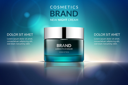Cosmetic cream ads, green glossy container, isolated on a modern blue background, 3d illustrationのイラスト素材