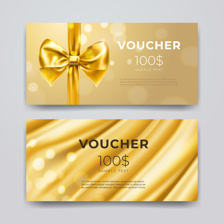 Gift voucher design template. Set of premium promotional card with realistic golden bow, ribbon and silk isolated on bokeh background.のイラスト素材