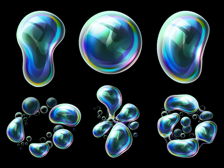 Set of realistic transparent colorful soap bubbles in the deformation. Water spheres with air, soapy balloons, lather, suds, soapsuds. Glossy foam balls with bright reflex vector 3d illustration.のイラスト素材