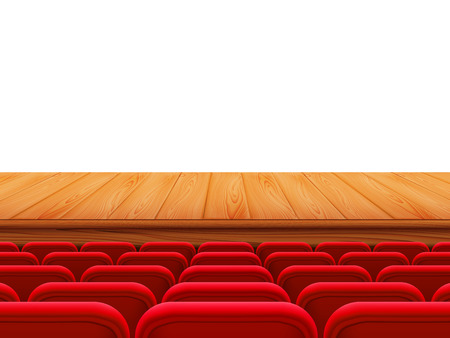 Realistic theater wooden stage or floor with rows of red seats, back view. Empty seats in the cinema hall, cinema, theater, opera, events, shows. Interior element. Vector realistic 3d illustration.のイラスト素材