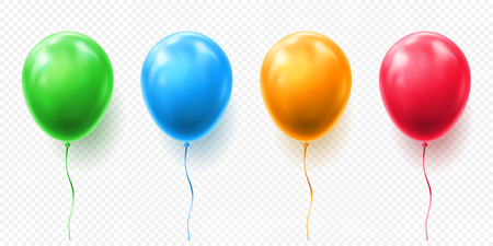 Realistic red, orange, green and blue balloon vector illustration on transparent background. Balloons for Birthday, festive occasions, parties, weddings. Festival romantic decorations.のイラスト素材