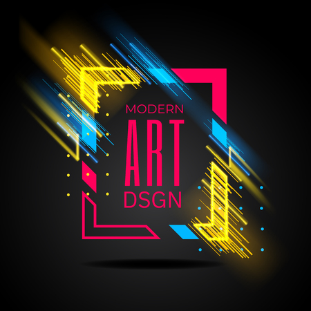 Vector modern frame with geometric neon glowing lines isolated on black background. Art graphics with glitch effect. Design element for business cards, gift cards, invitations, flyers, brochures.のイラスト素材