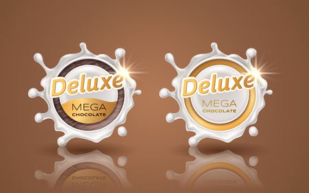 Set of deluxe design labels in gold color isolated on background. Swirl dynamic splash of milk. White chocolate circular border and drops. Packaging design element. Vector 3d illustration.のイラスト素材