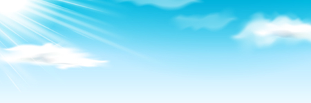 Fluffy clouds at blue sky with sunshine. Air with sun at summer or spring. Natural cloudy day with sunbeams. Weather forecast or wallpaper background, atmosphere and meteorology themeのイラスト素材