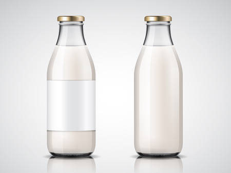Glassware milk bottles with blank labels and lid or empty yogurt glass containers. Vegan drink and healthy farm non alcoholic beverage. Dairy and nutrition, drink and grocery themeのイラスト素材