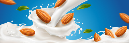 Realistic splash of almond milk with nuts for natural drink advertising, organic vegan beverage with 3d spatters for package, milkshake commercial. Dessert and meal, dairy branding themeのイラスト素材