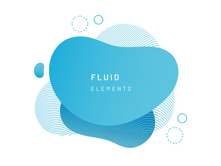 Blue fluid blob for card background. Azure liquid stain in dynamic color. Free geometrical shape for flyer. Cerulean aqua blotch with wavy lines. Abstract gradient banner templateのイラスト素材