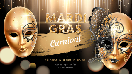 Golden carnival mask with butterfly for mardi gras banner. Fat tuesday flyer or background for card design. Venice masquerade celebration or venetian holiday, party poster. Holiday and celebrationのイラスト素材