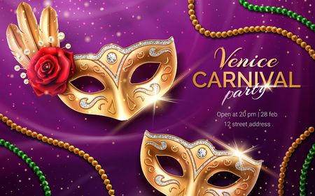 Mardi gras carnival invite with mask and beads. Background for venetian masquerade flyer with rose flower and peacock feather on satin. Fat tuesday Venice party. Festive poster. Holidayのイラスト素材