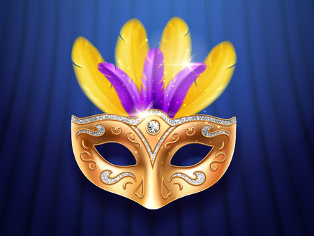 Colorful feather masquerade mask with diamonds. Carnival or party, festival celebration golden face cover. Part of theater costume. Colombina masque design for mardi gras festive. Celebration themeのイラスト素材
