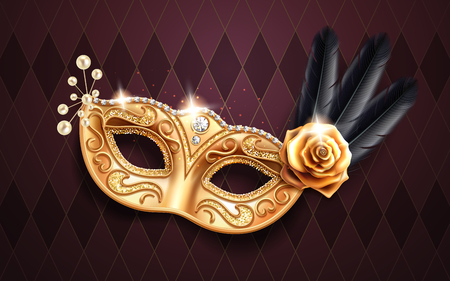 Glittering colombina mask for face cover at carnival or masquerade. Festival costume part with feather and beads, gold rose flower. Golden masque with diamonds for brazil festive or venice mardi gras.のイラスト素材
