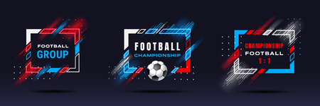 Football cup, soccer championship illustration. Vector frames with dynamic lines isolated on black background. Glitch effect. Holographic element for design cards, invitations, flyers, brochures.のイラスト素材