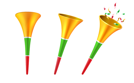 Set of isolated 3d party horns or cartoon soccer trumpet with confetti. Football fan blower or cone toy for children, kids. Stadium megaphone or klaxon instrument,noisemaker.Celebration, musical themeのイラスト素材