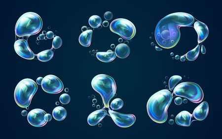 Set of isolated soap or shampoo realistic bubbles, rainbow color water 3d drops. Liquid spheres with reflection or fluid splat. Sleek soap sud balloon. Abstract water pour, deformation and bath, washのイラスト素材