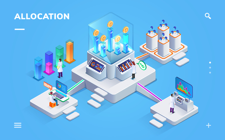 Banking exchange rate or payment distribution banner. Isometric sign for money allocation. Computer analytics for currency or gold ballance, fund rate. Federal reserve bank and inflation, invest themeのイラスト素材