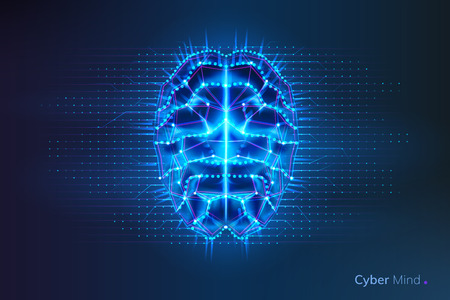 Robot or cyber brain with geometry lines and dots. Circuit board on human or artificial intelligence digital mind, polygonal neural network on glowing cyberbrain. Future technology conceptのイラスト素材
