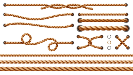 Set of isolated straight ropes and tied cross strings, realistic navy thread through metallic holes. Intertwined navy 3d cord. Vintage brown looped fiber with knot and noose. Nautical twisted whipcordのイラスト素材