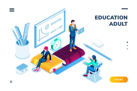 Man and woman at isometric classroom. Smartphone application page for higher or tertiary, academic online education for adult. Online or digital technology for college or university study. Trainingのイラスト素材