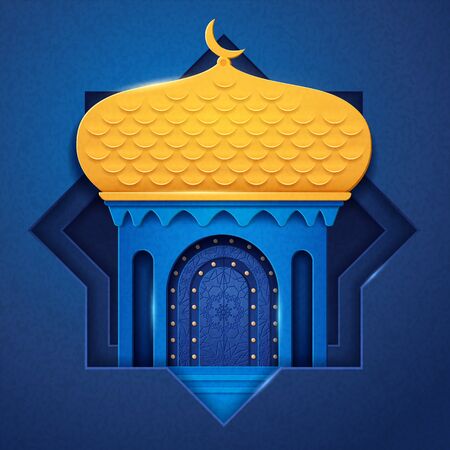 Arabic mosque made of paper or islamic church with dome and crescent, palace with moon, muslim arabesque decoration for Eid al-Adha and Ramadan celebration or card background. Religion themeのイラスト素材