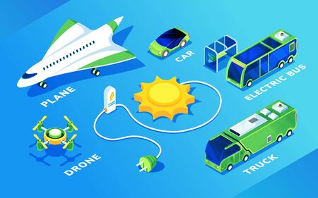 Set of isolated electric transport or ecology friendly vehicle. Isometric electrical plane or airplane, flight drone and car, bus and truck, sun and charge battery. Eco and green, renewable energyのイラスト素材