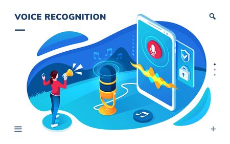 Voice recognition smartphone application screen. Isometric page for sound recording, translation, audio message. AI speech recognizing technology. Mic, microphone for conversation with cyber assistantのイラスト素材