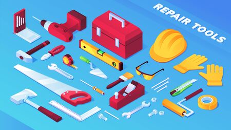 Tools for building and repair items, builder equipment. Toolbox, saw, insulating and measuring tape, wood plane, wrench, level and electric drill, pliers, corner ruler, hammer, brush, helmet glassesのイラスト素材