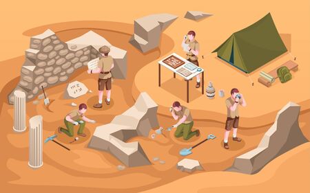 Archeology isometric excavation or archeologist at work. Archaeology job or archaeologist near ancient civilization architecture, columns and tent.Cartoon explorer at historic excavate.Old artifactsのイラスト素材