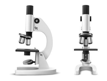 Realistic microscope side and front view. 3d lab or laboratory tool for magnifying. Magnification item for biology and chemical, medical research. White and black instrument for focusing. Macro lensのイラスト素材