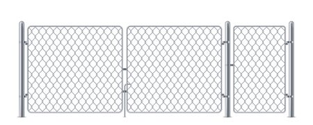 Wired fence or chain link fencing, chainlink metal construction for concert, steel barrier for security with gate or wicket. Secure entrance for military or fight cage. Border, obstacle, safety themeのイラスト素材