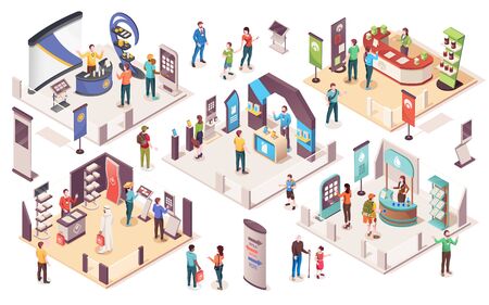 People at expo or business exhibition, vector isometric icons. Technology and business exhibition with product display exposition stands, company consultants, info desks, promotion banners and showcasesのイラスト素材