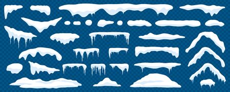Snow caps, snowy ice and frozen icicles, vector cartoon icons, isolated on transparent background. Abstract snow frost caps and icicles of house roof shape for Christmas and New Year elements designのイラスト素材