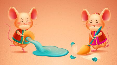 Rat with broom and mouse pours out water doing cleaning. Zodiac mice sweeping for 2020 new year symbol or chinese greeting card front. Rodent for china calendar or asian CNY sign. Holiday, festiveのイラスト素材