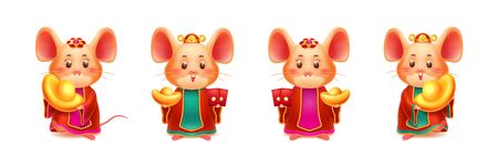 Mice with red envelope and golden ingot. Rat with gold and hongbao. Mouse for CNY or 2020 chinese new year. Set of isolated zodiac symbol for asian holiday. Festive papercut and greeting card elementのイラスト素材