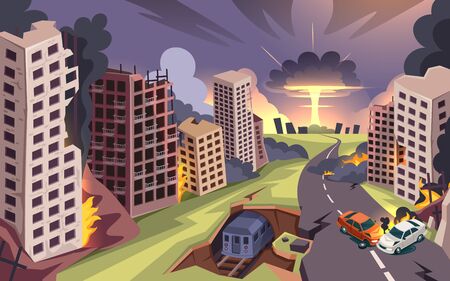Ruined city from nuclear bomb explosion, war destroyed buildings and burning cars, vector cartoon background. Damaged street with road crack, empty ruined houses from bombing attackのイラスト素材