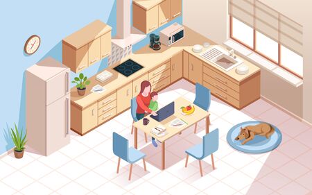 Remote worker at kitchen doing work and using notebook. Woman a cup of coffee and child at room with dog. Freelancer employee at home work with kid. Isometric vector interior. Freelance, remote work