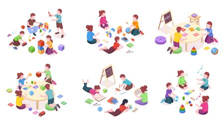 Children playing, isometric elements, kindergarten education and leisure activity. Children playing toys, music instruments and alphabet cubes, reading books and painting, isometric illustration setのイラスト素材