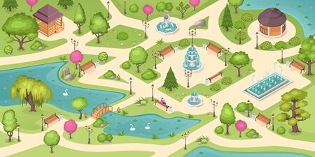 City park summer, isometric vector background with trees, lawns and fountains. Empty urban city park landscape, people sitting on bench, gazebo pavilions, flowerbeds and swans in pond with bridgeのイラスト素材