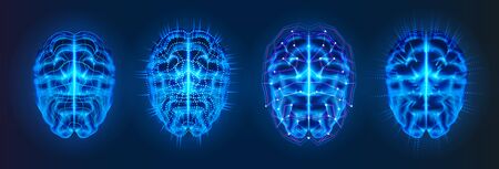 Set of isolated blue glowing brains with neural connection lines. AI or artificial intelligence, machine learning or cyber mind  . Bionic human brain or cybermind,cyberbrain.Future neuro technologyのイラスト素材
