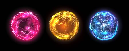 Energy balls and plasma sphere, vector electric lightning and light flash sparks. Magic lightning discharge, red pin, blue purple and golden yellow color realistic energy balls, electric light burstのイラスト素材