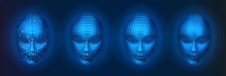 Set of isolated human or robot, artificial intelligence faces with dots and lines. Facial scan with AI, head verification technology, recognition concept. Bionic and futuristic human id scan.のイラスト素材