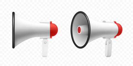 Megaphone speaker or loudspeaker bullhorn, vector realistic 3d mockup. Modern isolated megaphone loudhailer with microphone, red sound horn and handle, lifeguard alert and announcement speakerphoneのイラスト素材