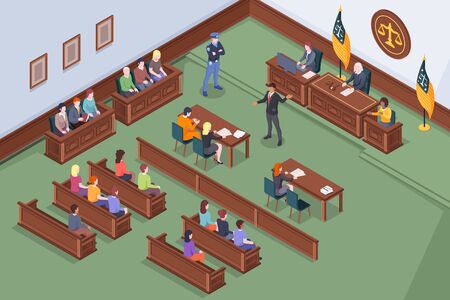Courtroom process in court vector isometric design, law and justice, judge, lawyer and prosecutor at court hearing. Courtroom legal session with attorney, accused and jury at courthouse legal lawsuitのイラスト素材