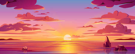 Panorama of sea sunset or ocean sunrise. Vector illustration of water and sky horizon, sun reflection. Dusk or dawn, evening or morning beach landscape. Scenery background or island backdropのイラスト素材