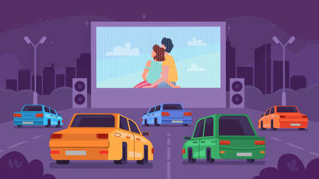 Car cinema or drive movie theater with romantic couple on screen, vector cartoon background. Cars at drive cinema parking lot in night city and movie theater with moan and man embracing on screenのイラスト素材
