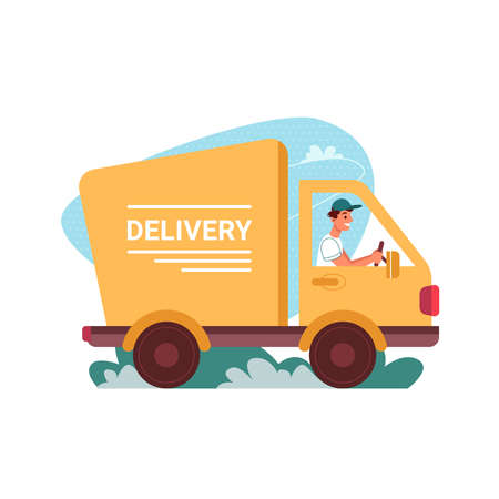 Delivery courier truck, car of deliver vector flat cartoon icon. Man driver in delivery van, express order shipping and online store service, food or shop order fast delivery, shipment vehicleのイラスト素材